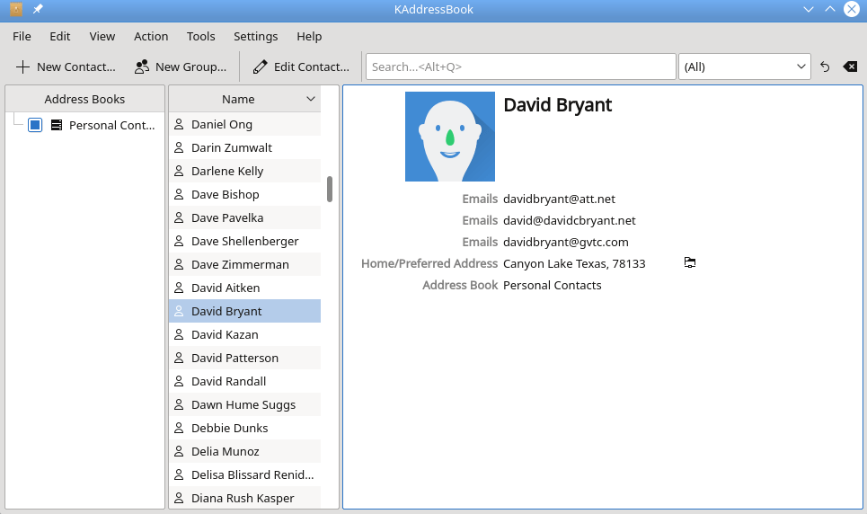 A screenshot of KAddressBook's primary GUI interface