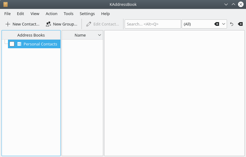 A screenshot of KAddressBook's “empty” GUI interface