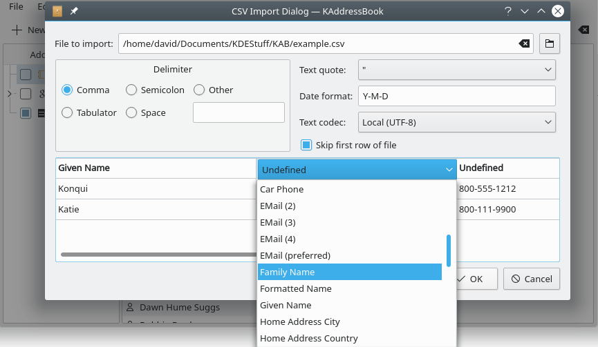 A second screenshot of KAddressBook's “Import CSV File” dialog.