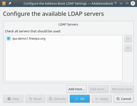 A screenshot of KAddressBook's “Configure LDAP Server” dialog.