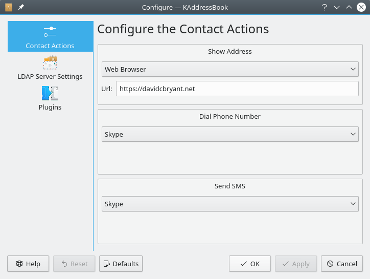 A screenshot of KAddressBook's “Configure KAddressBook” dialog.