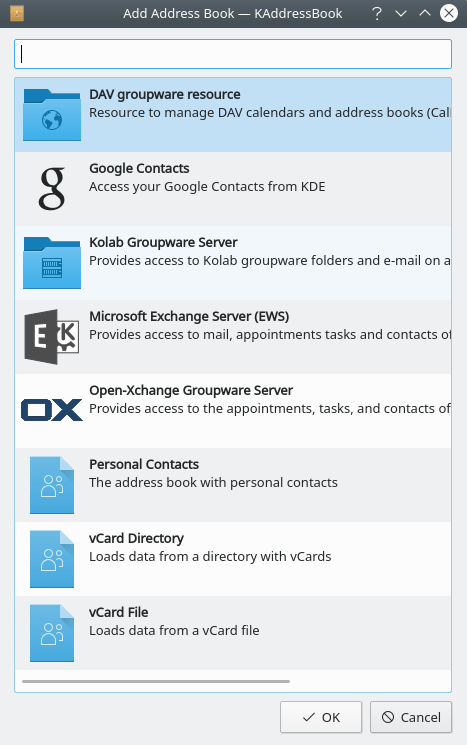 A screenshot of KAddressBook's Add Address Book dialog