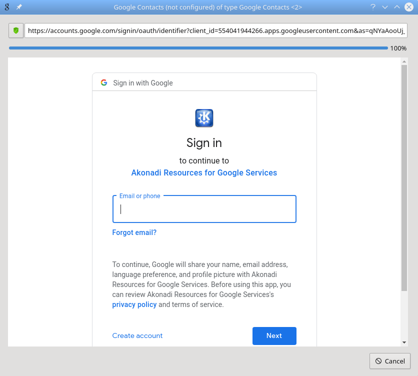 A second screenshot of KAddressBook's link-to-gmail dialog