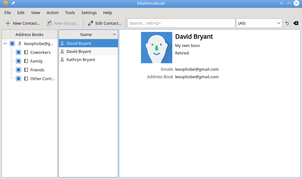 The KAddressBook window after a gmail.com account has been added.