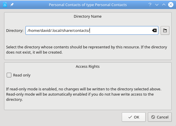 A screenshot of KAddressBook's “Personal Contacts” dialog.