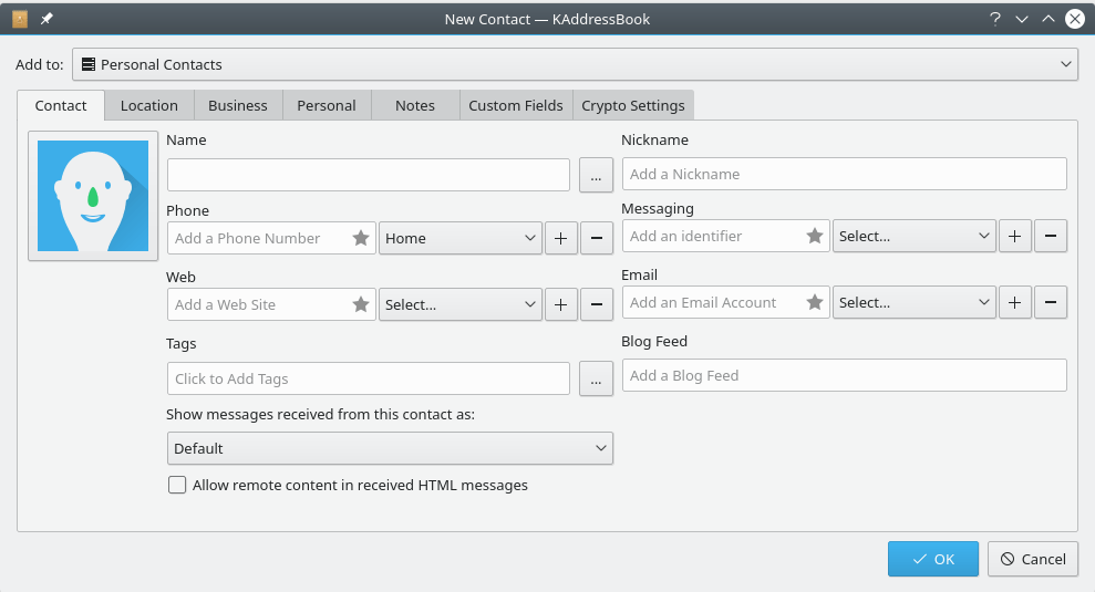 A screenshot of KAddressBook's “New Contact” dialog.