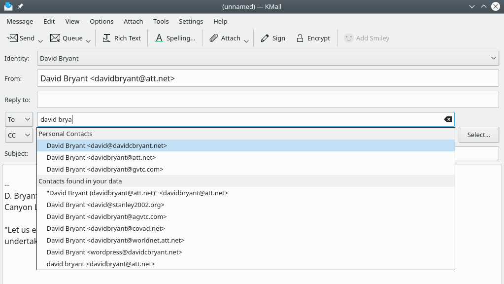 A screenshot of auto completion from inside KMail's message composition window.