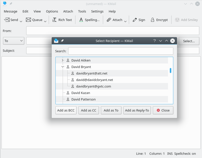 A screenshot of the recipient selection dialog inside KMail's message composition window.