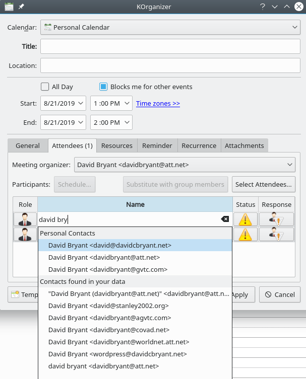 A screenshot of KOrganizer's attendees tab.