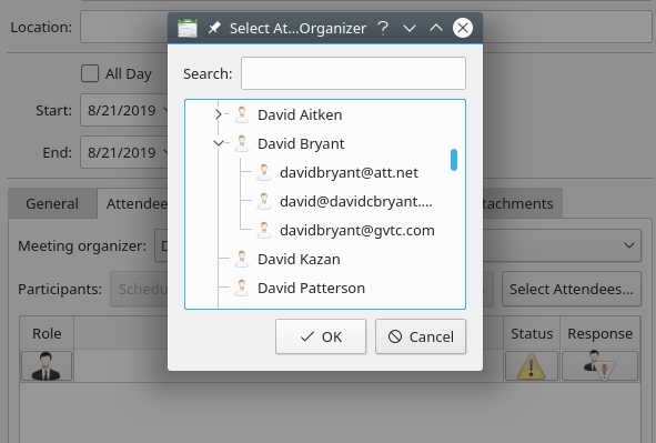 KOrganizer's attendees tab.