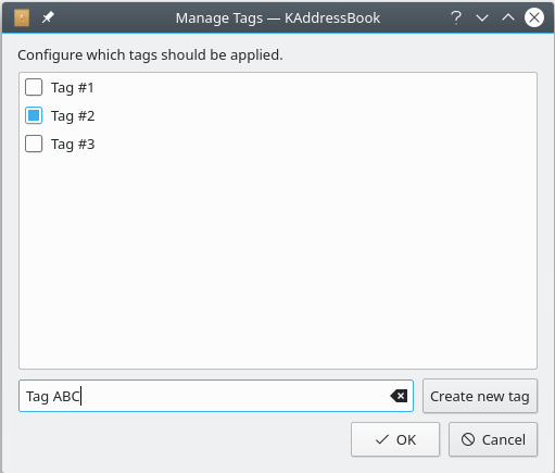 KAddressBook's “Tags” dialog.
