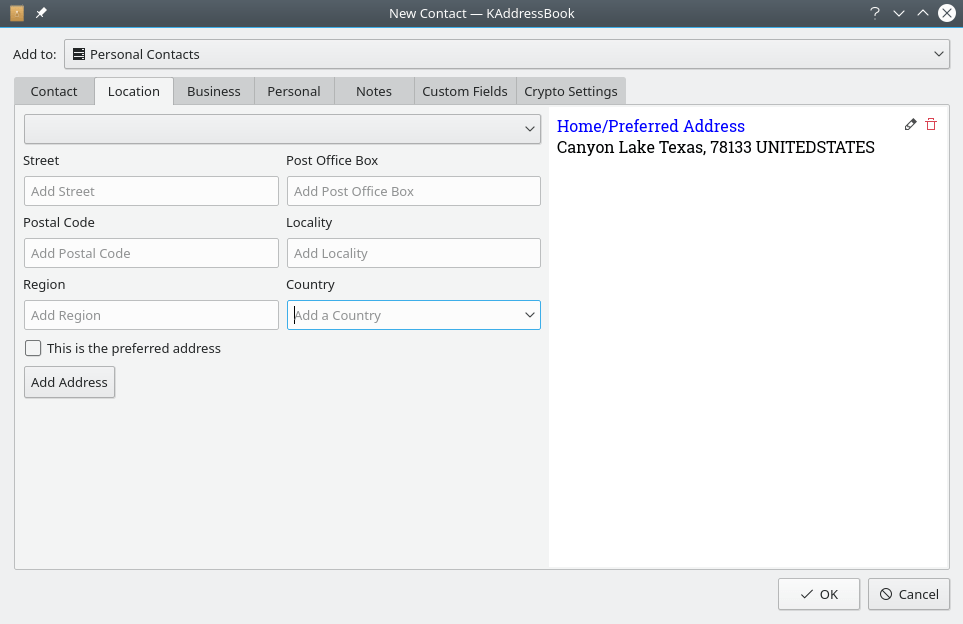 KAddressBook's “Location” tab.