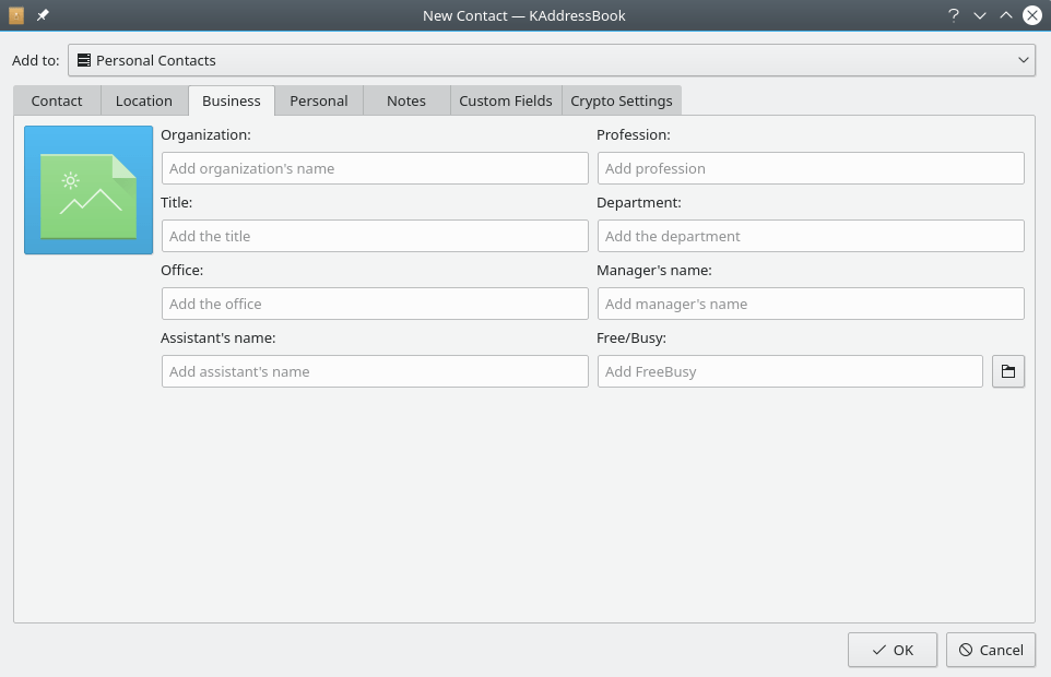 KAddressBook's “Business” tab.