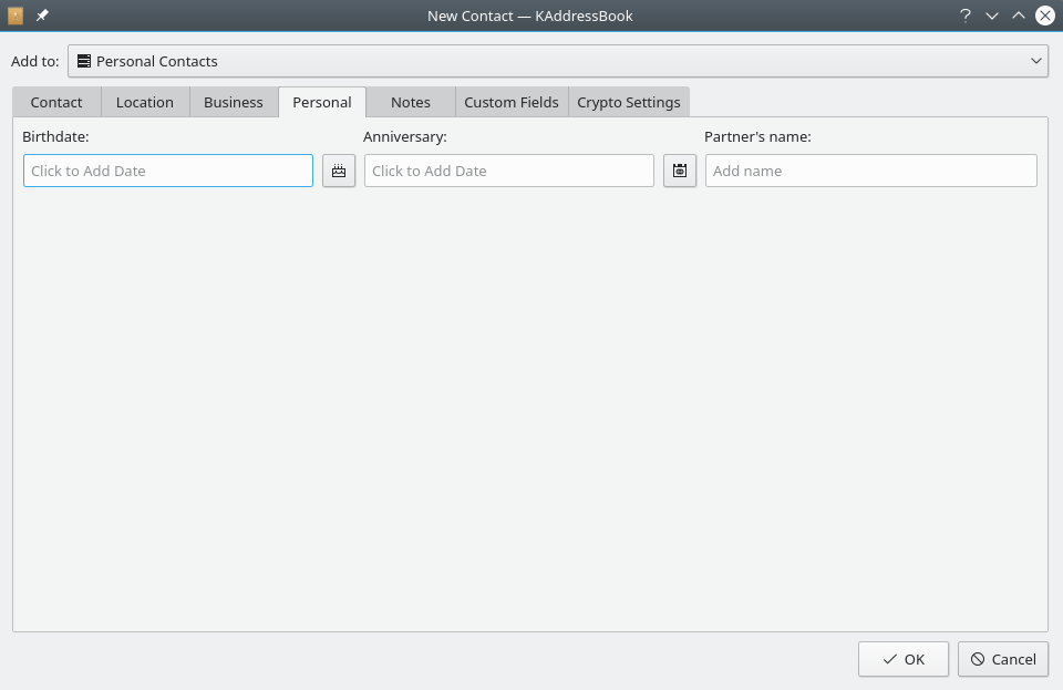 KAddressBook's “Personal” tab.