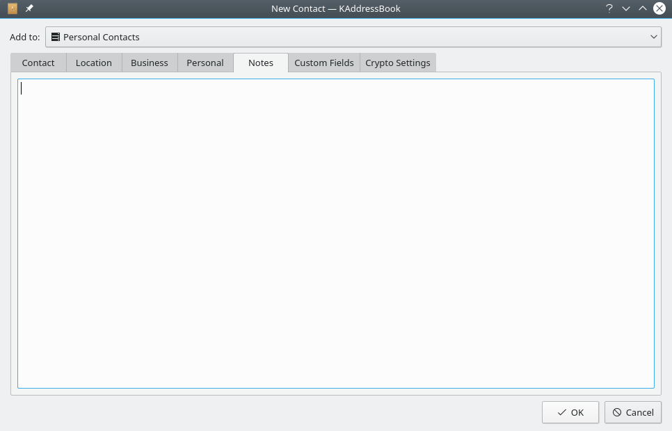 KAddressBook's “Notes” tab.