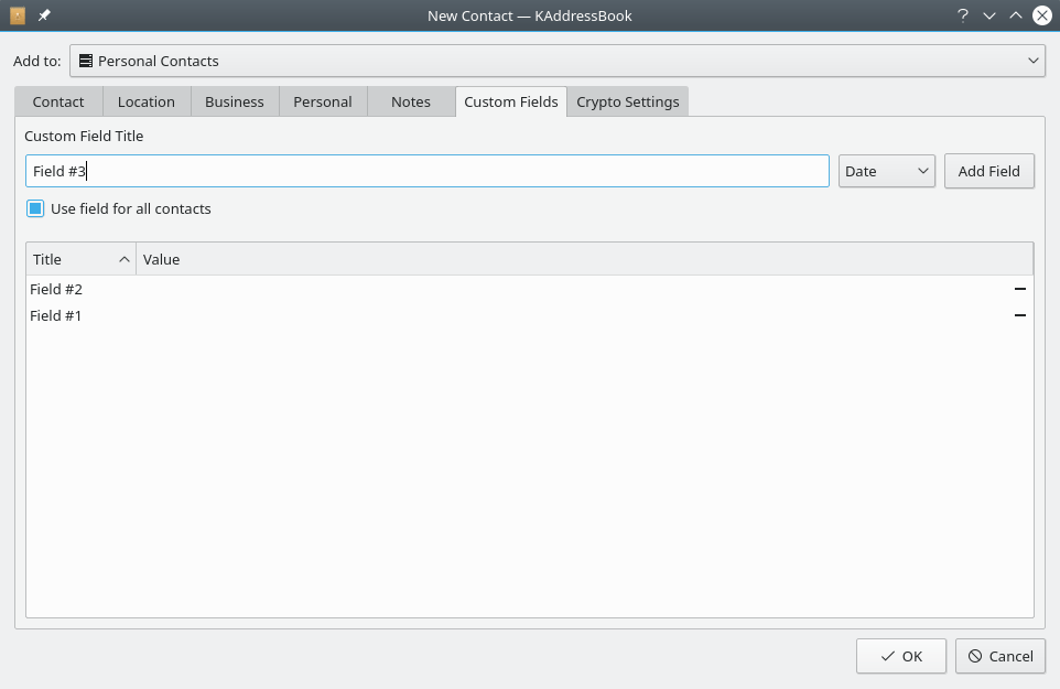 KAddressBook's “Custom Fields” tab.