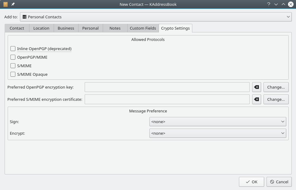 KAddressBook's “Crypto Settings” tab.