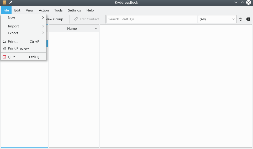 A screenshot of KAddressBook's “File” menu.