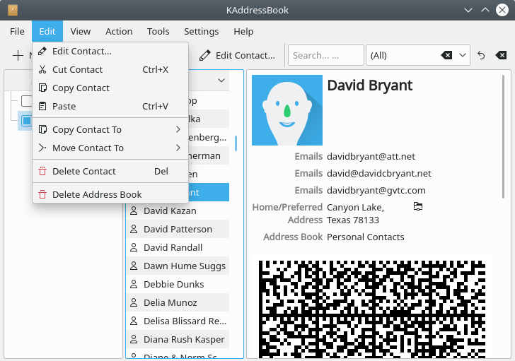 A screenshot of KAddressBook's “Edit” menu.