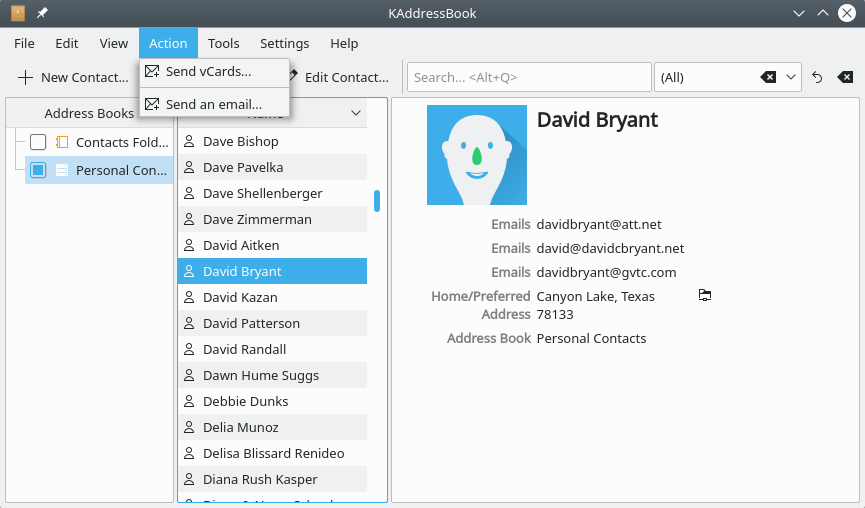 A screenshot of KAddressBook's “Action” menu.