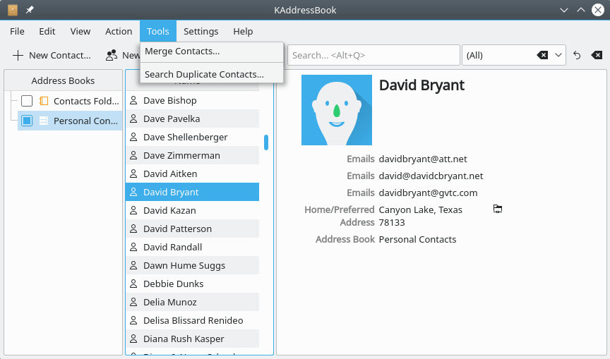 A screenshot of KAddressBook's “Tools” menu.