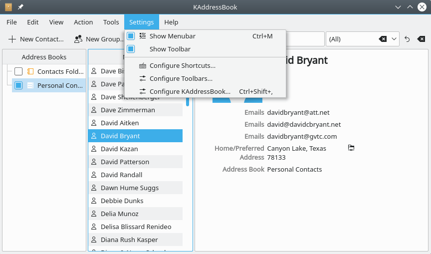 A screenshot of KAddressBook's “Settings” menu.