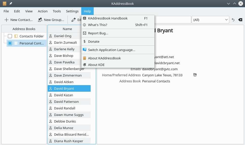 A screenshot of KAddressBook's “Help” menu.